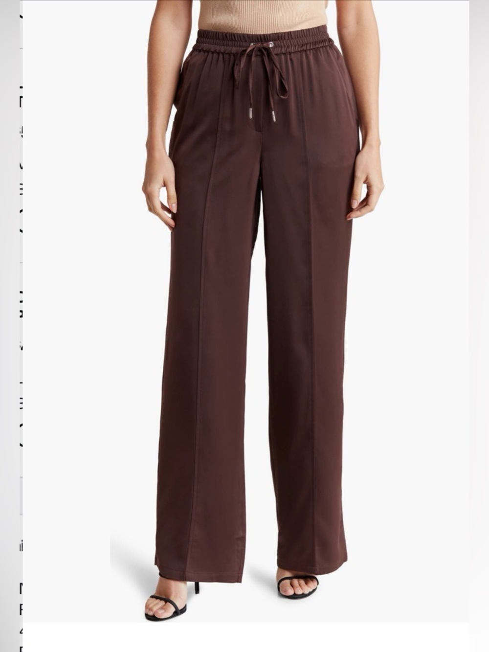 Olivia Sky Brown Wide-Leg Drawstring Trousers, Madrid Satin Drawstring Pants